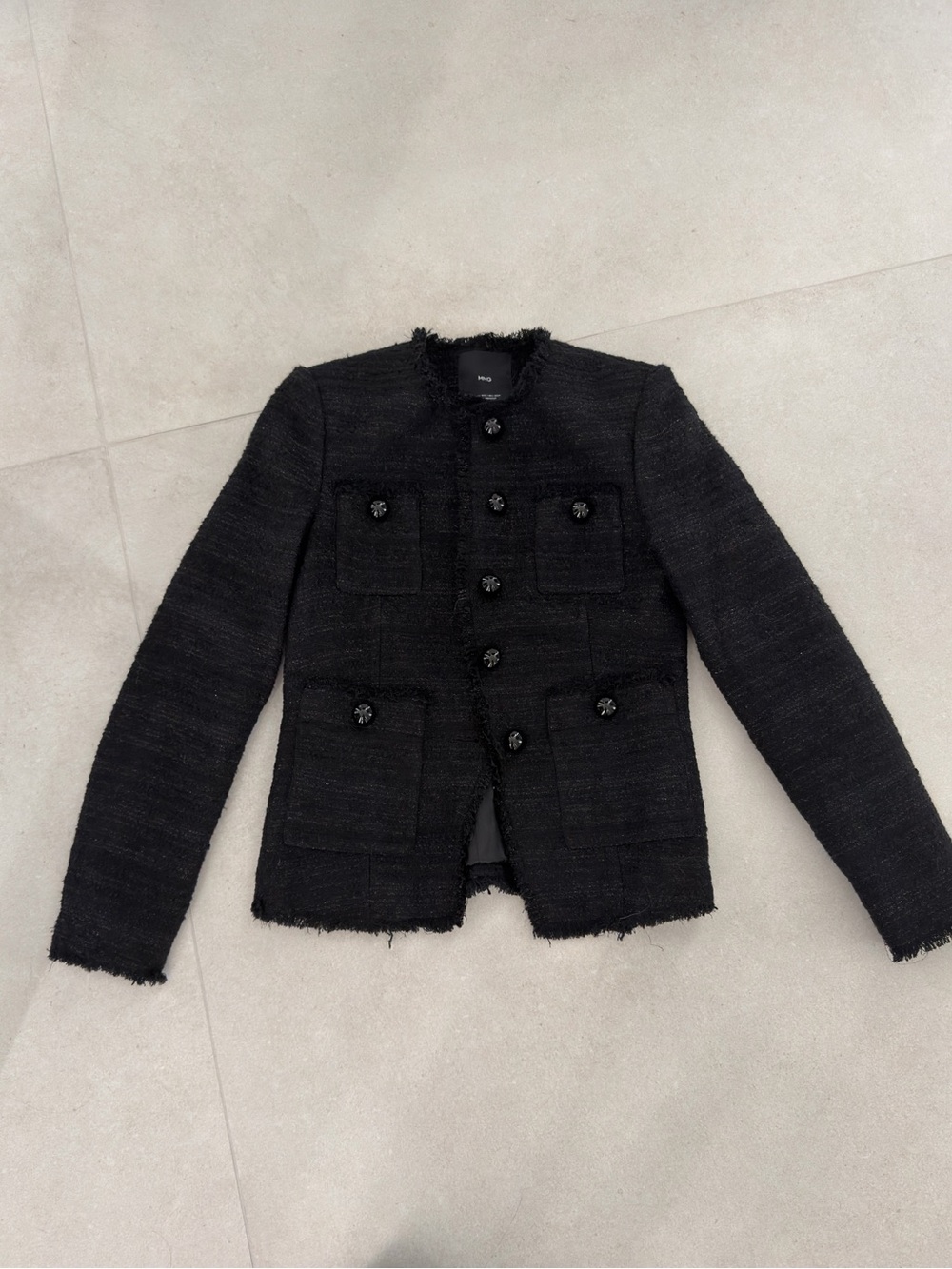 Mango Black Tweed Collarless Button-Front Jacket